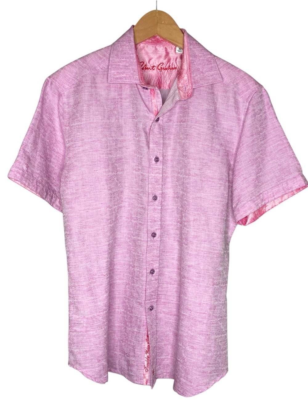 Robert Graham Pink Linen Cotton Short Sleeve Button Front Shirt Men's Medium